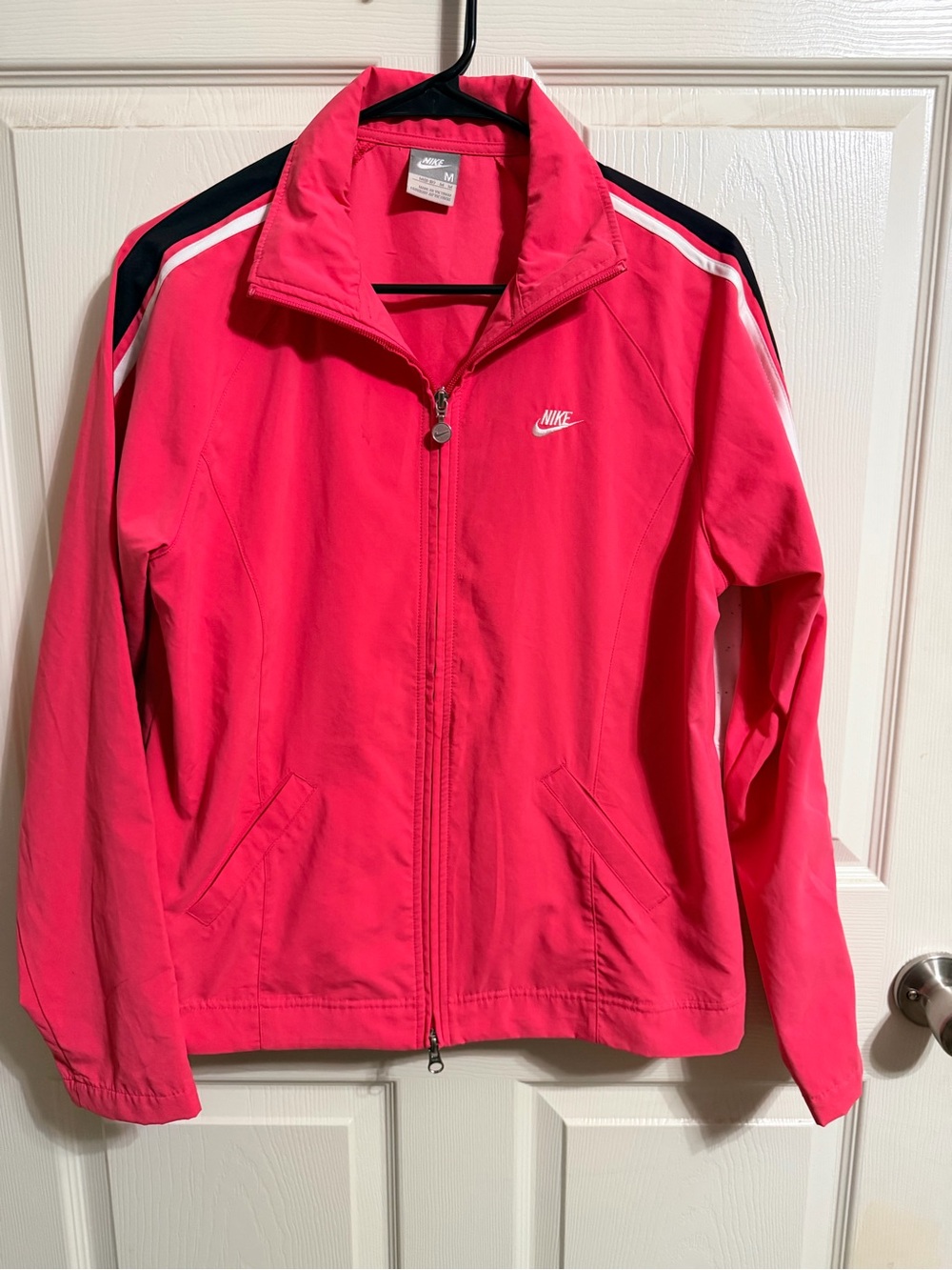 Nike Women’s Bright Pink Light Weight Jacket with Black & White Shoulder Stripes